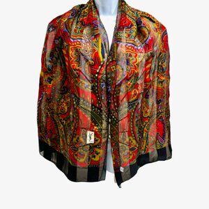 Unused Yves Saint Laurent 100% Silk Chiffon/Satin scarf 68x23 Black Red Flora(32